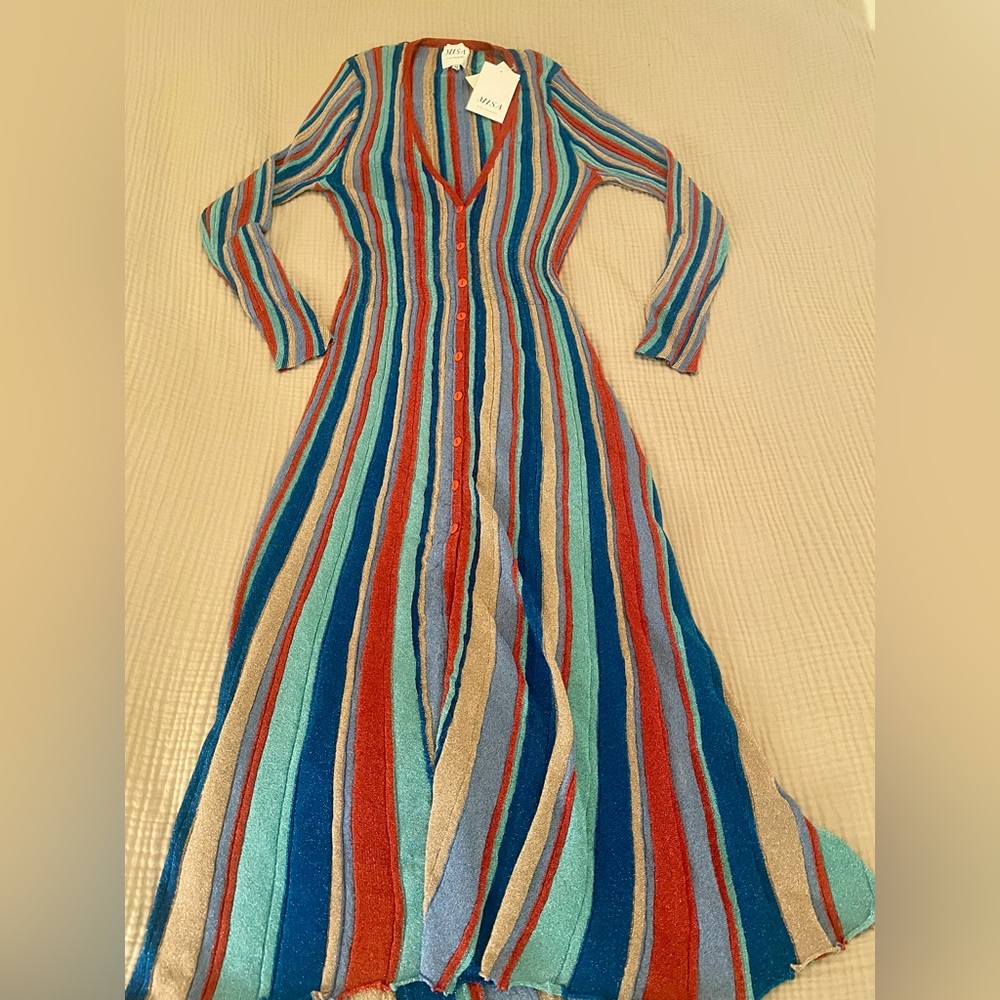 ๐ NWT Misa Los Angeles Rafael Striped, Metallic Long Sleeve Midi Dress. Medium. - Picture 3 of 7